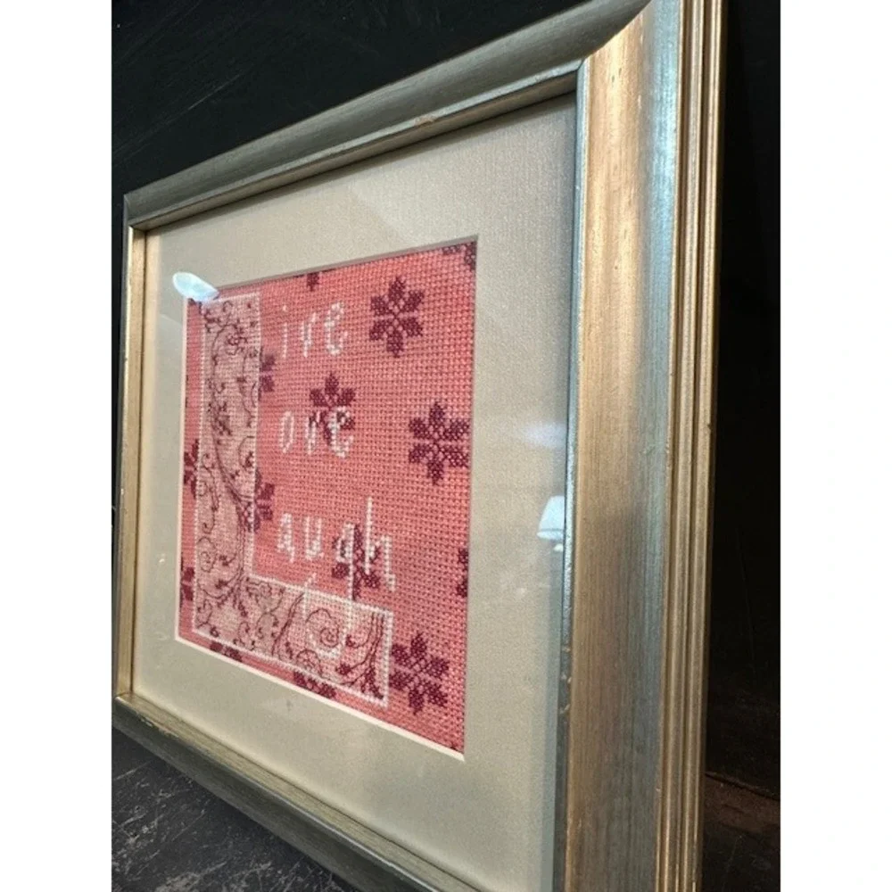 Live Love Laugh‎ Framed Cross Stitch Pink White Floral Wall Decor Silver Frame